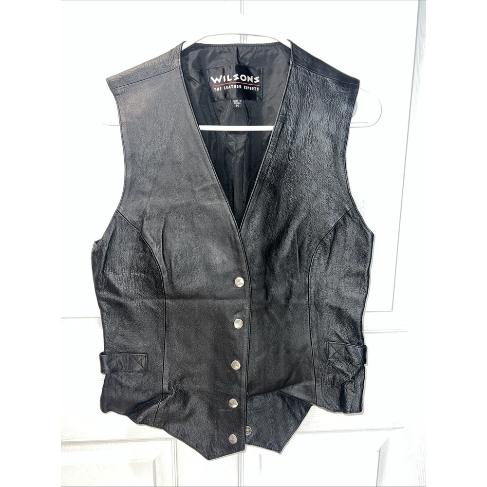 Wilsons Leather Jacket Mens M Black Biker Vest Motorcycle V Neck Lined